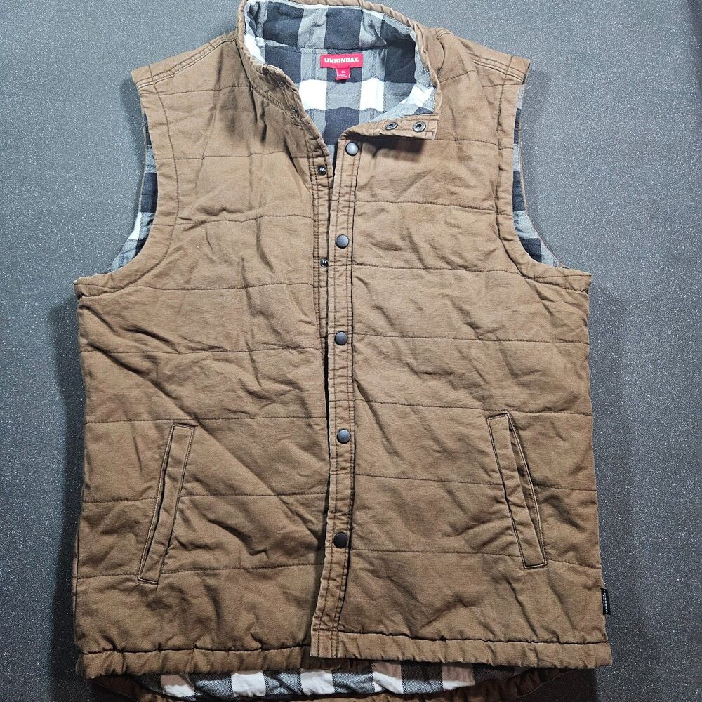 Unionbay Puffer Vest Men’s XL Brown Plaid Lined Snap Front Quilted